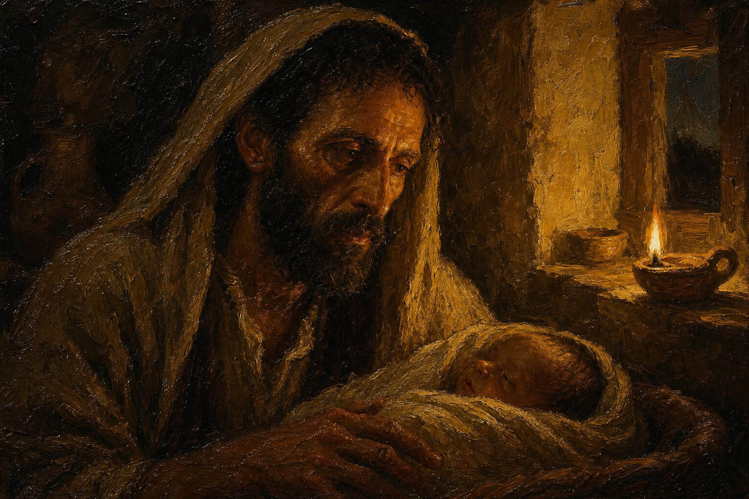 A dim nursery at dusk, an adult face leaning close over an infant, a single lamp burning by an empty window