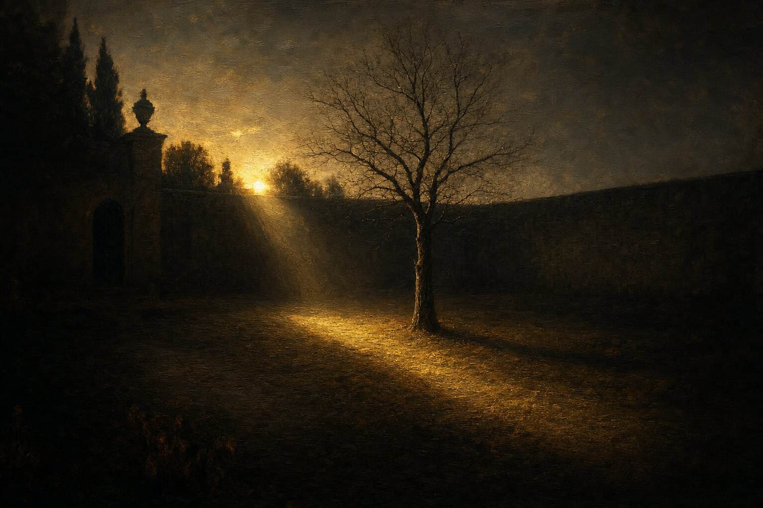 Adam Before Eve — a solitary bare tree in a dim garden at dawn under a shaft of gold light