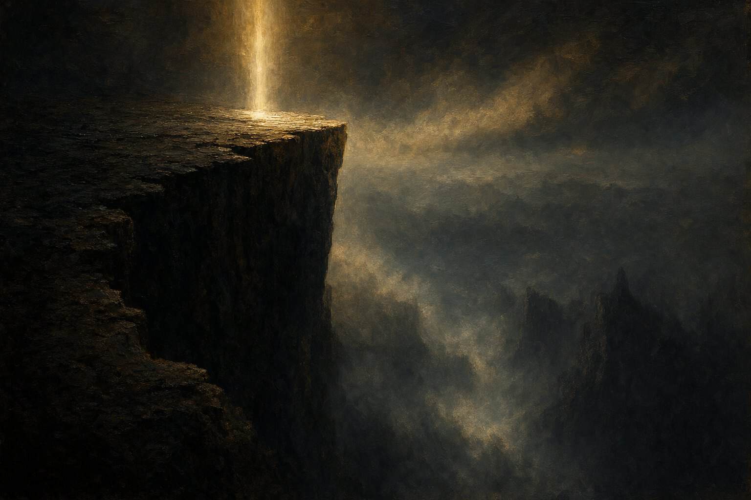 A man in a flowing robe stands on a rocky ledge, gazing upward as a beam of light breaks through dark clouds.