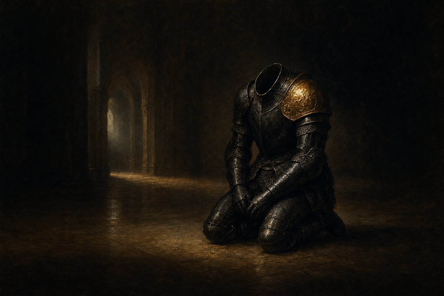 A headless armored figure kneels with a sword in a dimly lit stone chamber, while shadowy figures watch from the background.