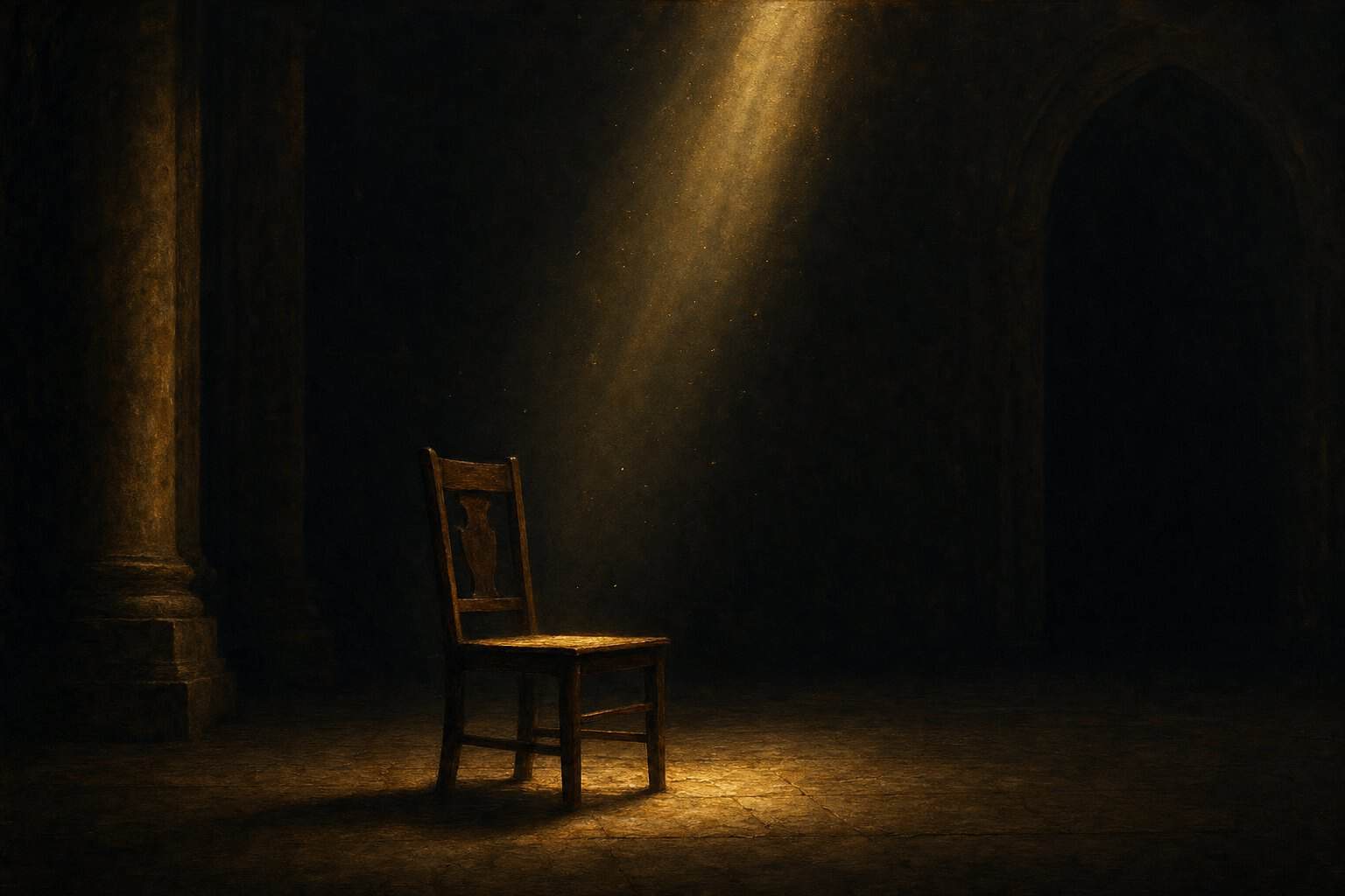 Being Toward the Empty Chair — an empty wooden chair in a cathedral-dark interior under a shaft of gold light