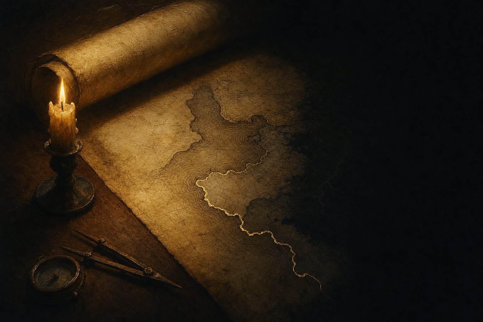 The Cartographer of Desire — an unfinished antique nautical chart dissolving into shadow by candlelight