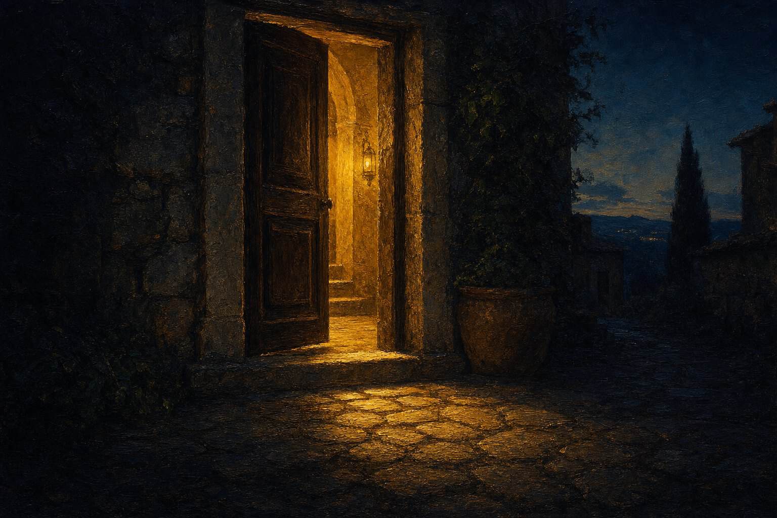 Dwelling and the Threshold — a lit stone doorway at dusk, lamplight spilling onto a dark path