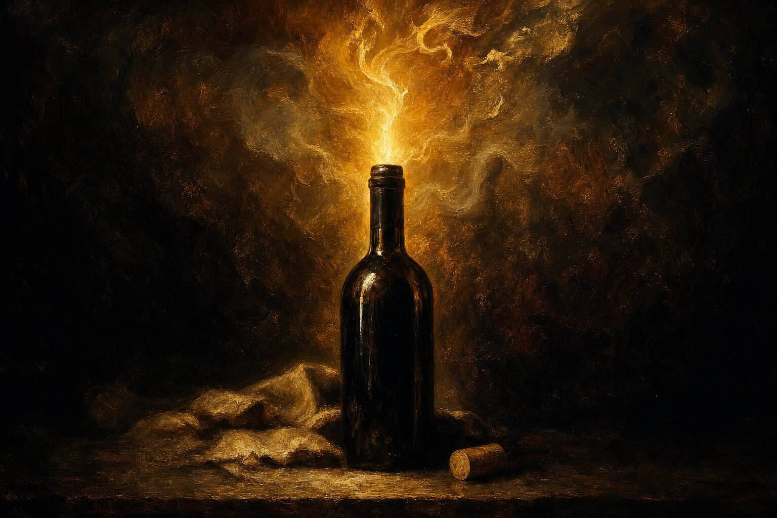 Love and Will: The Daimonic — an uncorked bottle releasing a burst of gold light and vapor