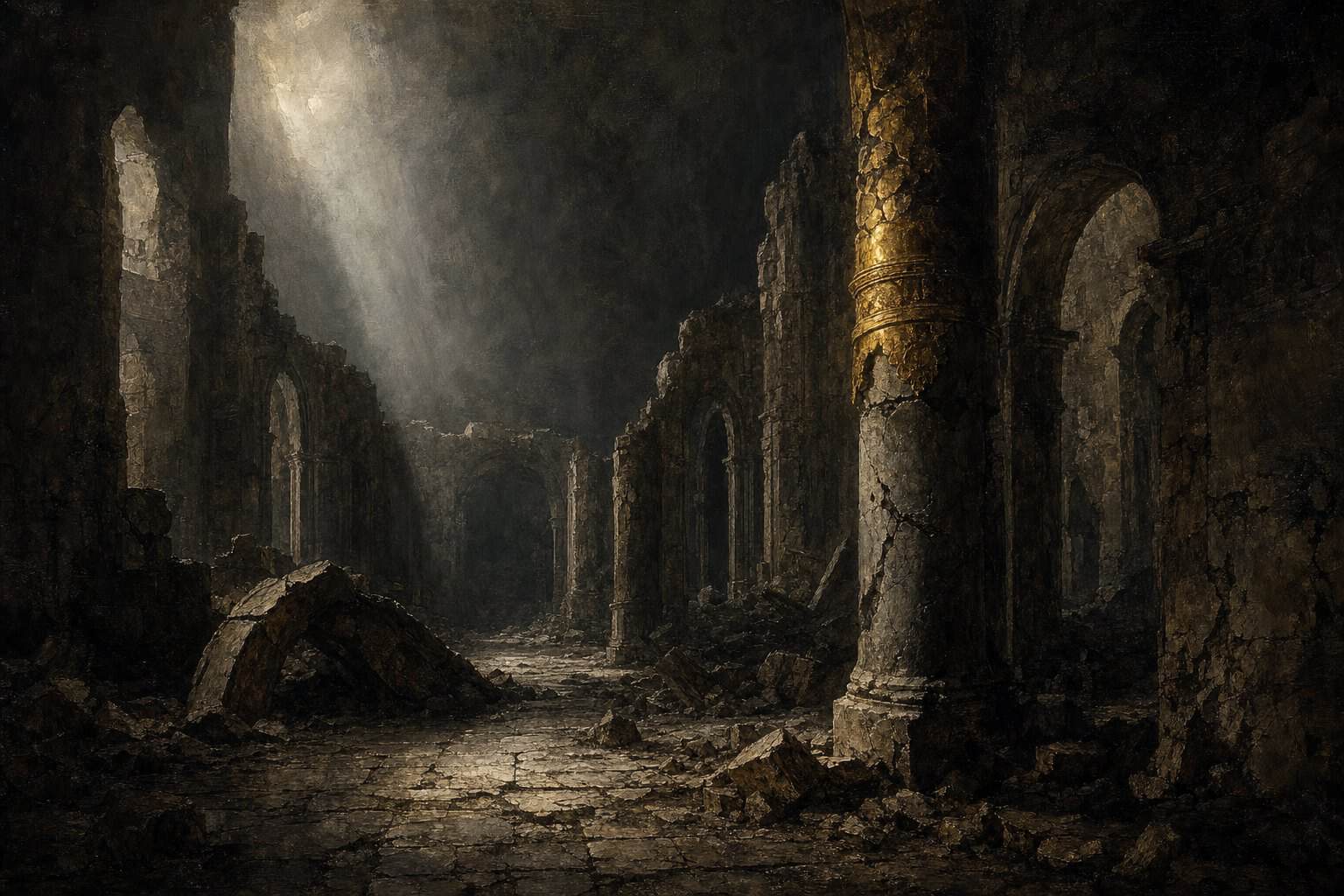Post-Edenic Ontology — a ruined interior of broken stone and fallen arches in a shaft of pale light