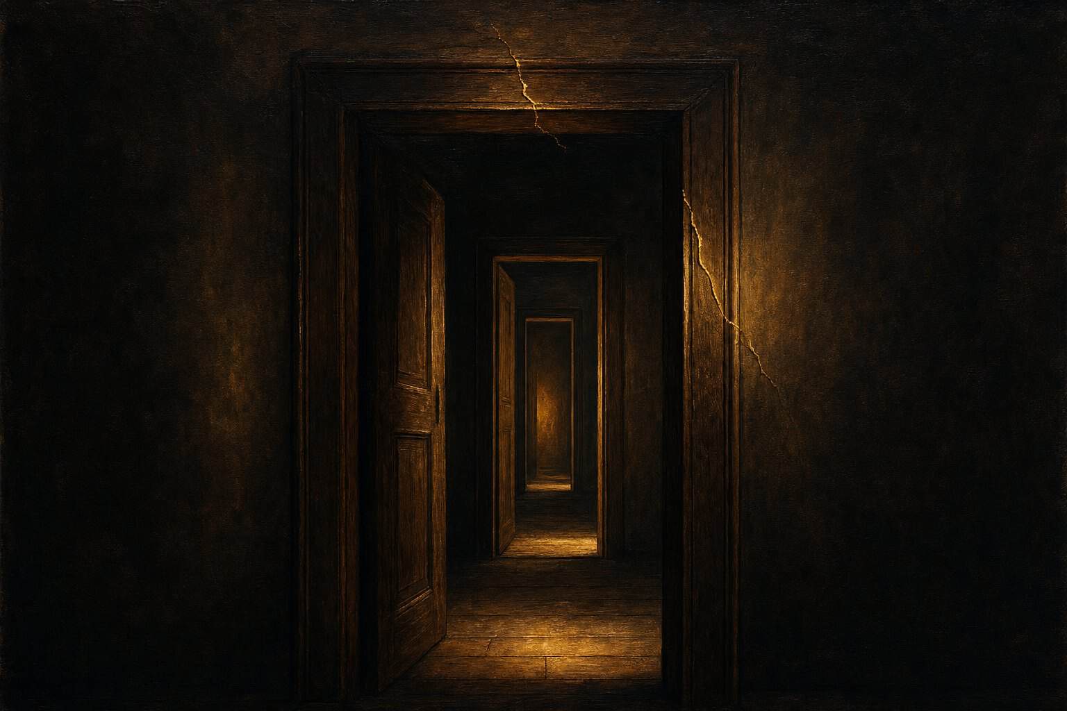 Re-Living the Wound — a receding corridor of identical doorways each with a hairline crack of gold light