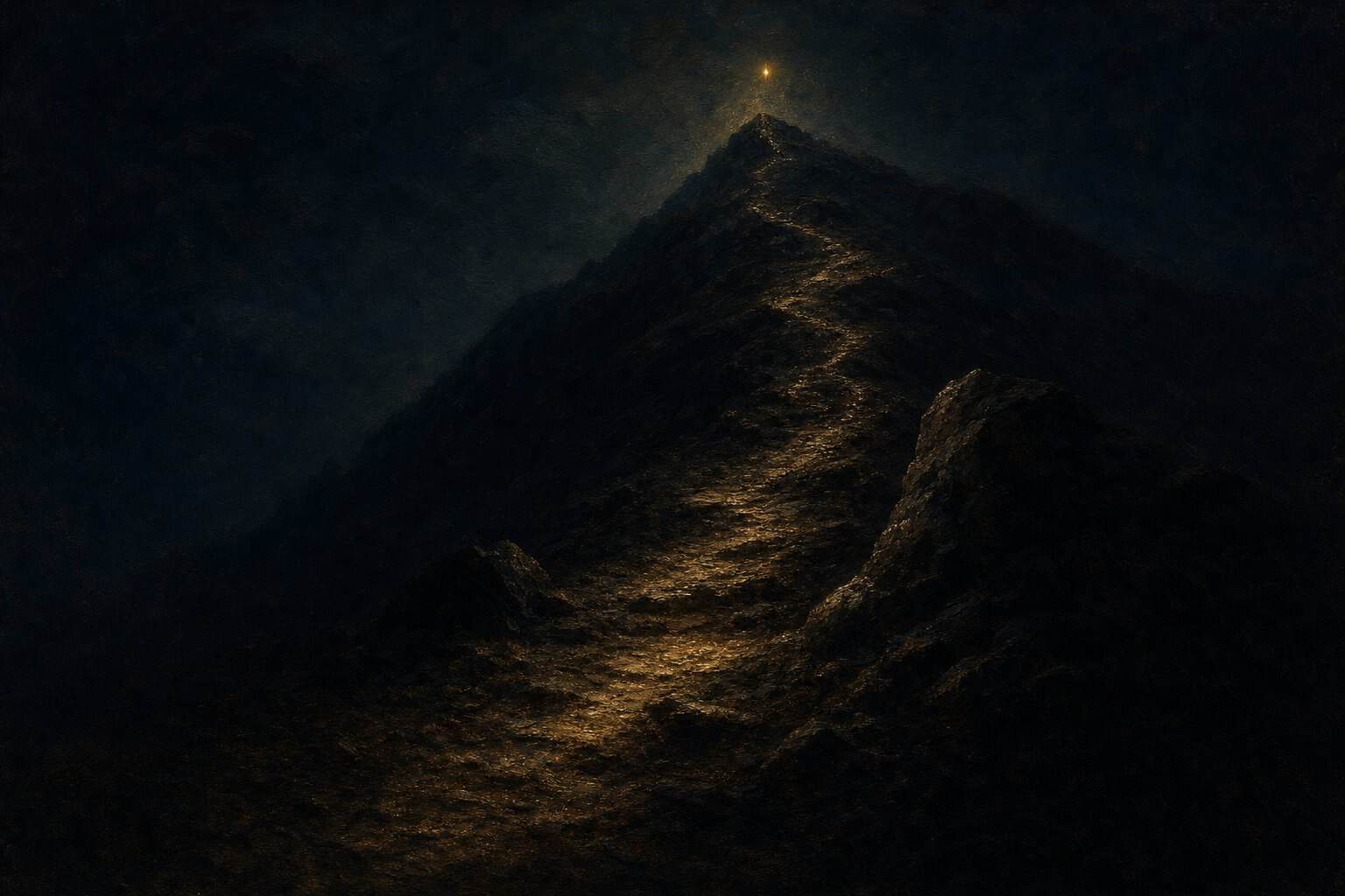 The Dark Night of the Soul — a lone mountain path ascending into starless night toward one distant point of gold light