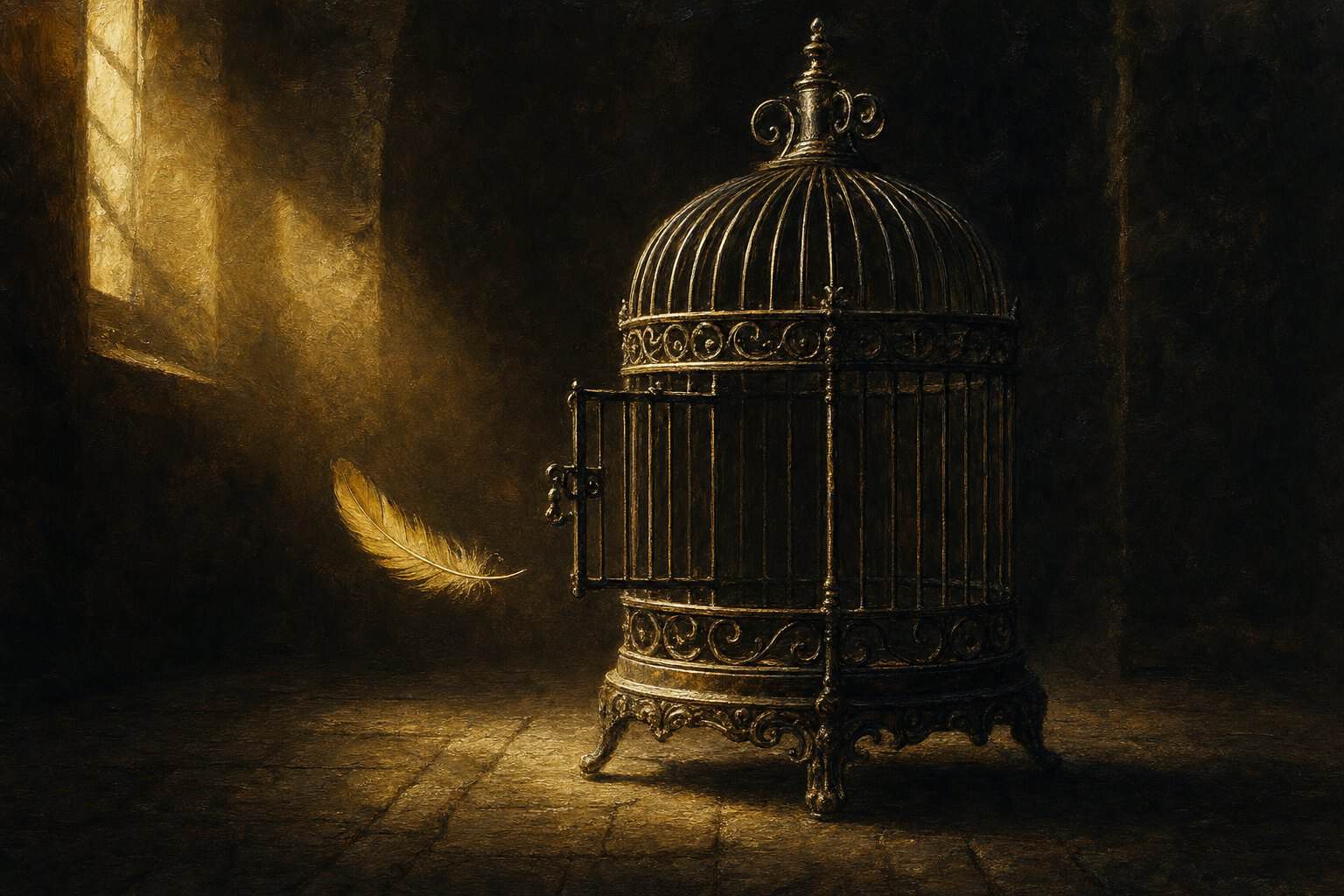 The Fear of Freedom — an open empty birdcage with a single gold feather drifting near the door