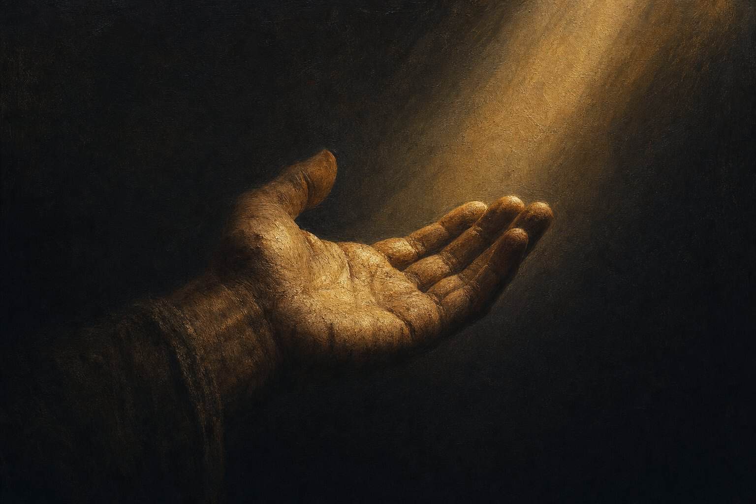 An elderly man extends his hand toward a young boy, surrounded by attentive figures in a dimly lit room with a candle.