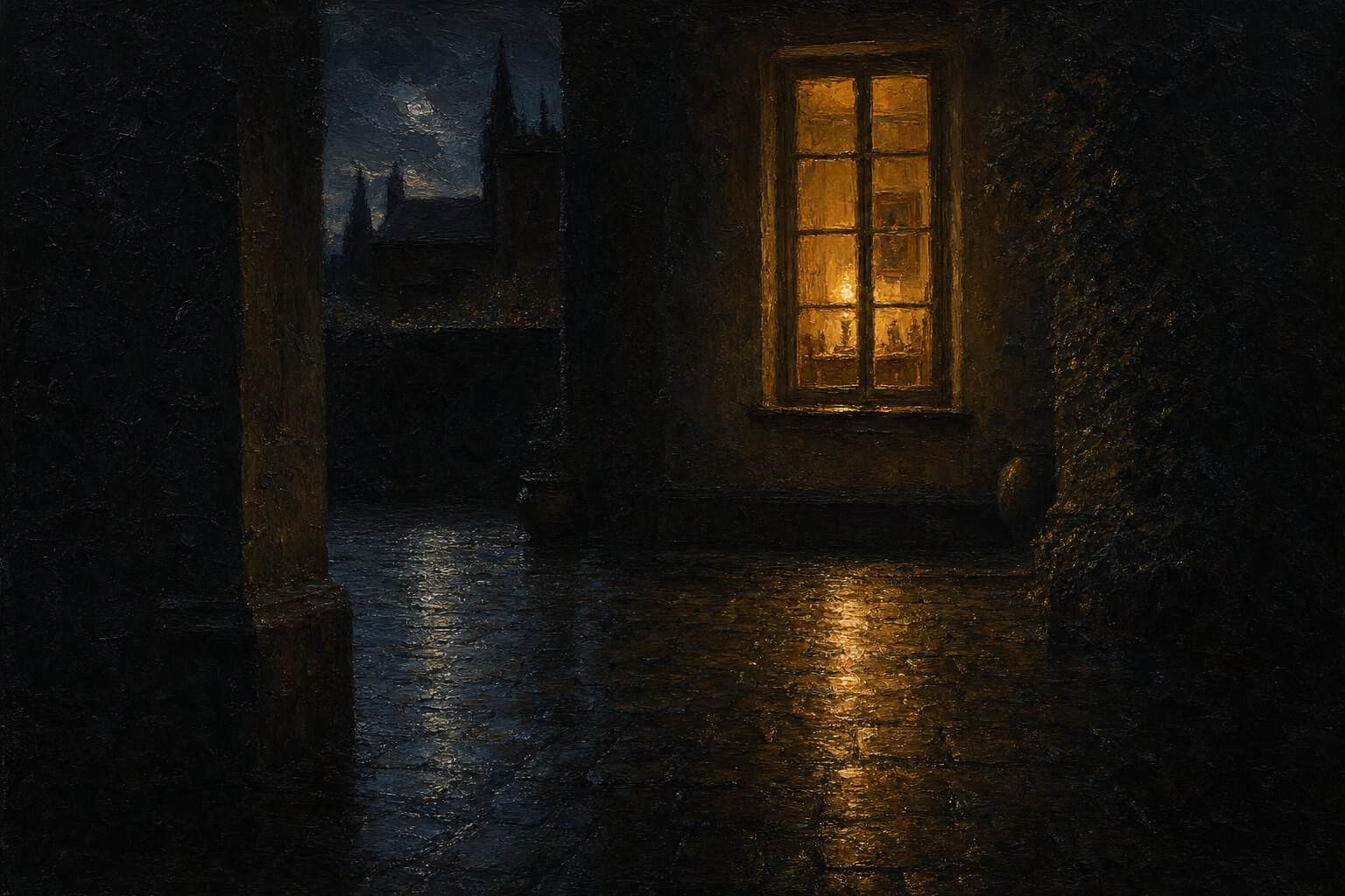 A woman in a white robe and shawl stands in shadow, gazing thoughtfully, while two figures converse nearby under moonlight.