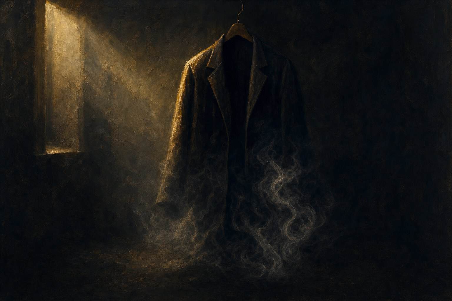 The Sickness Unto Death — an empty coat dissolving into smoke in shadow