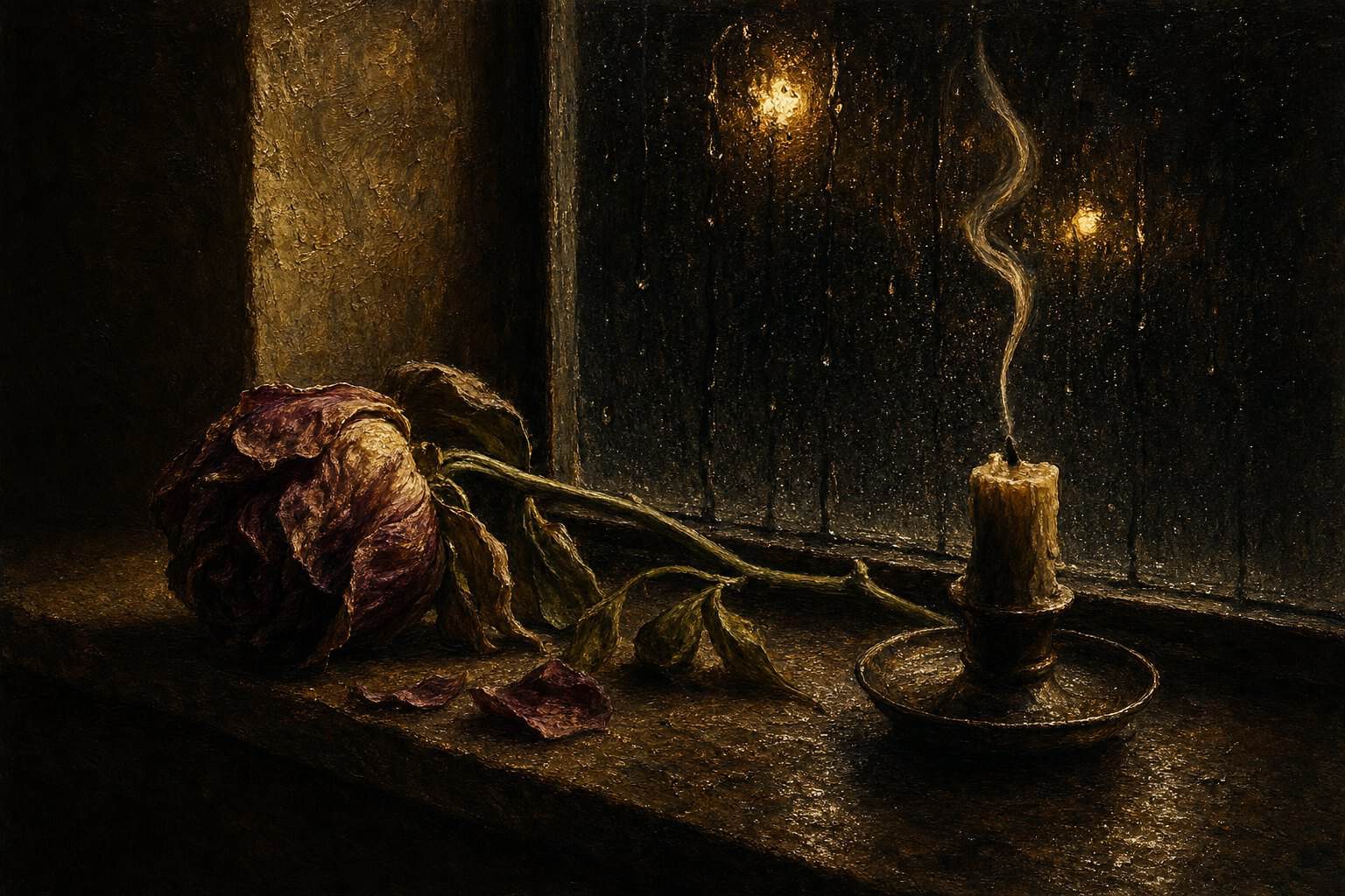 The Soul in Grief — a wilting flower and a spent candle on a rain-streaked dark windowsill