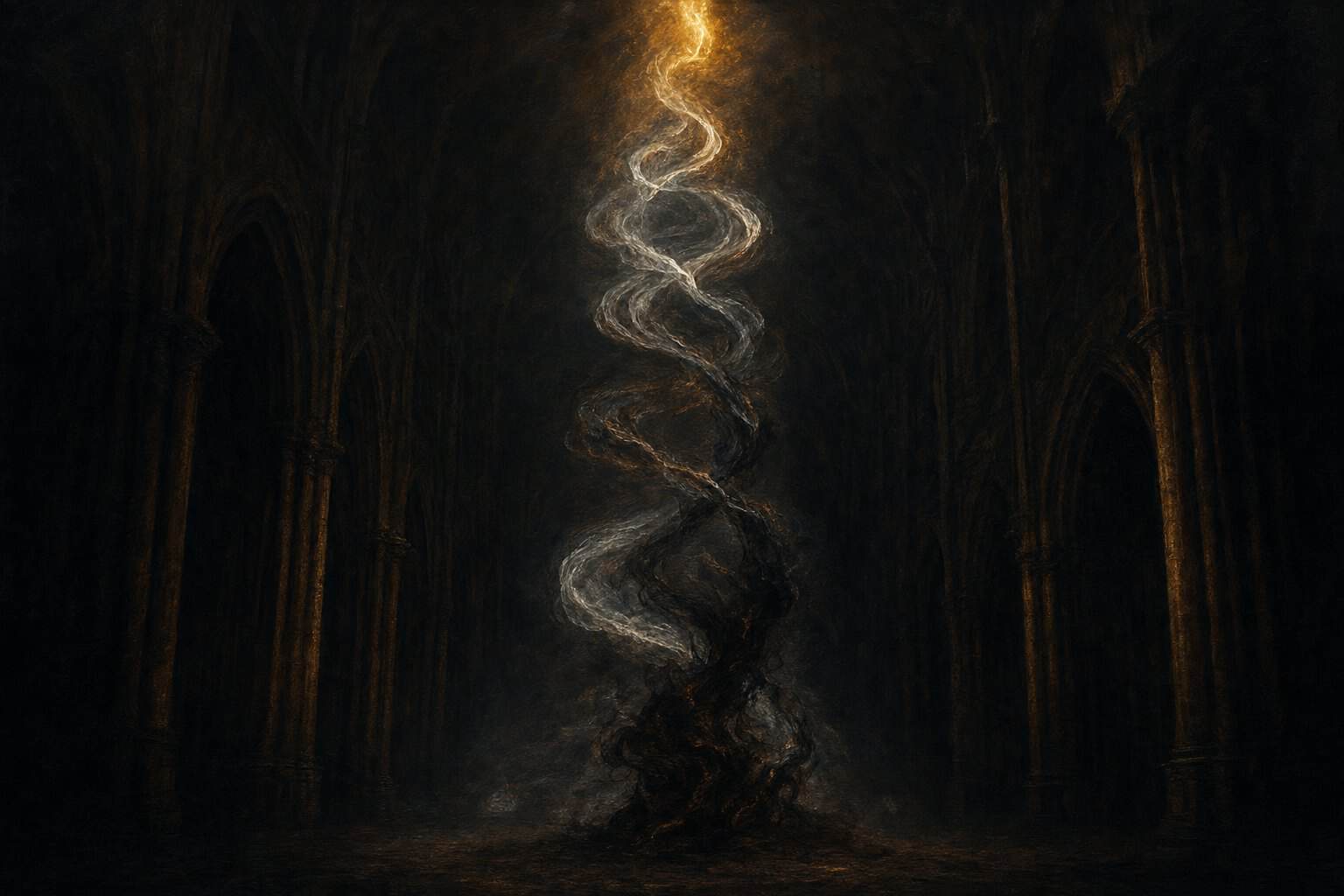 The Two Musics — two intertwining currents of vapor, one ordered and one turbulent, rising in a dark nave