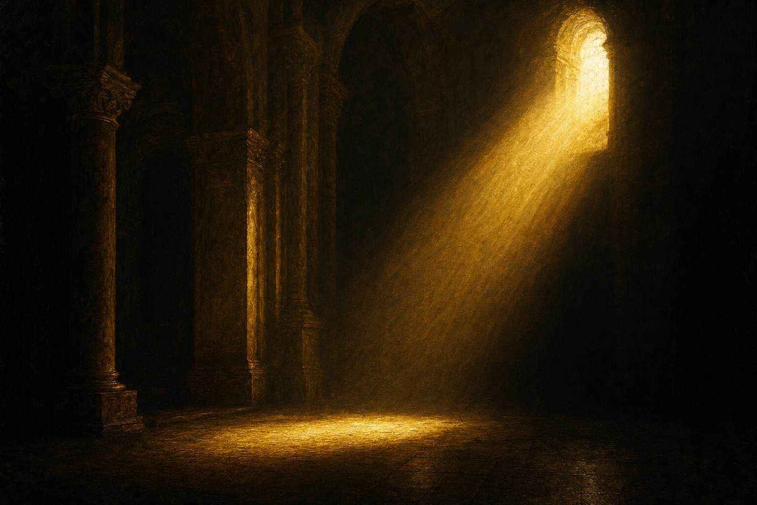 The Weight of Glory — a heavy shaft of gold light falling through a cathedral window onto bare stone