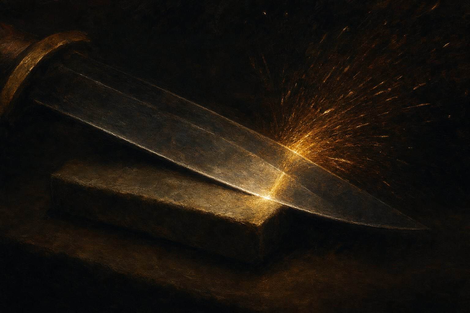 The Whetstone Vocation — a blade drawn across a whetstone throwing a spray of gold sparks