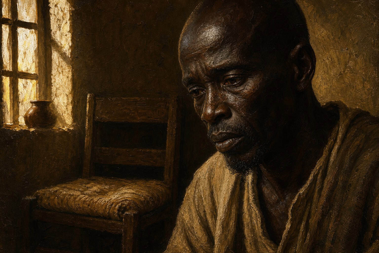 An empty wooden chair by a window in late afternoon light, gold dust turning in the air