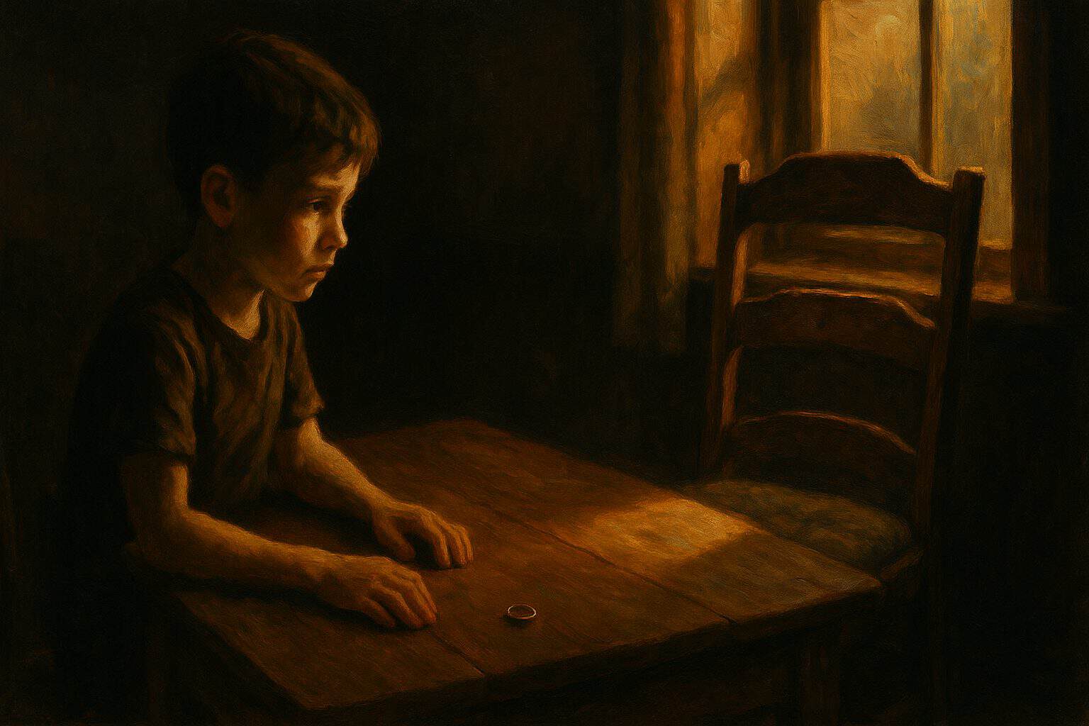 A young boy gazes at an empty chair at the breakfast table in dawn light, aching with quiet longing