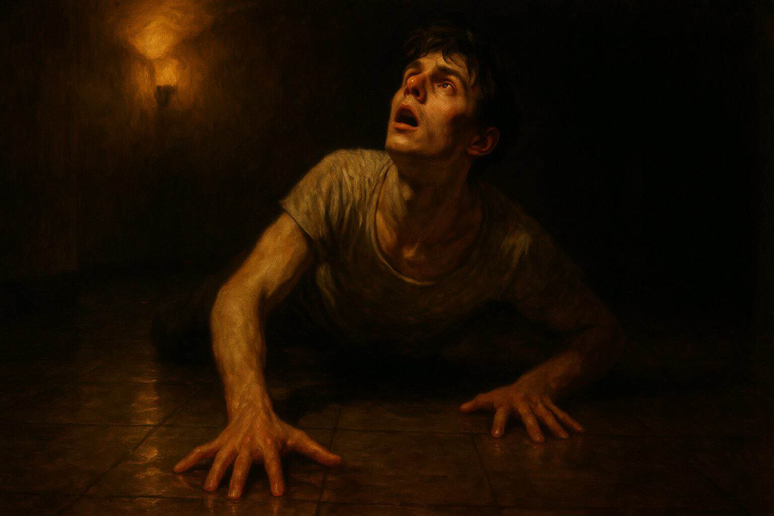 A young man crawling on a dark tile floor, face turned up in terror and release under a lone warm lamp