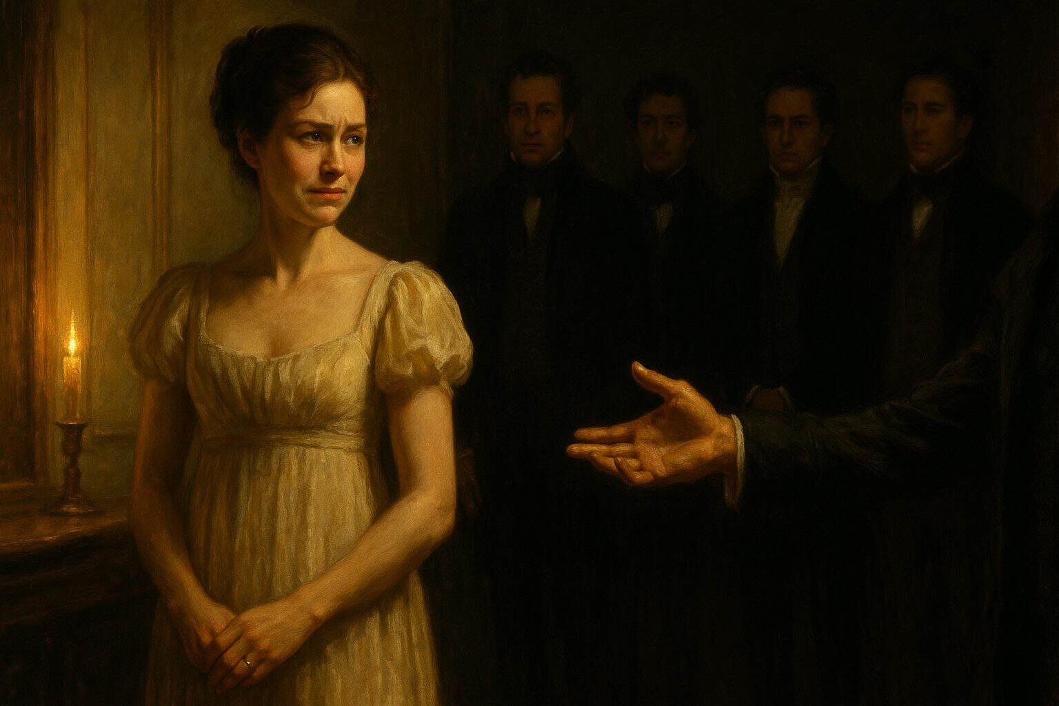 A young woman forced to choose among waiting men, her courteous smile cracking into weary reckoning by candlelight