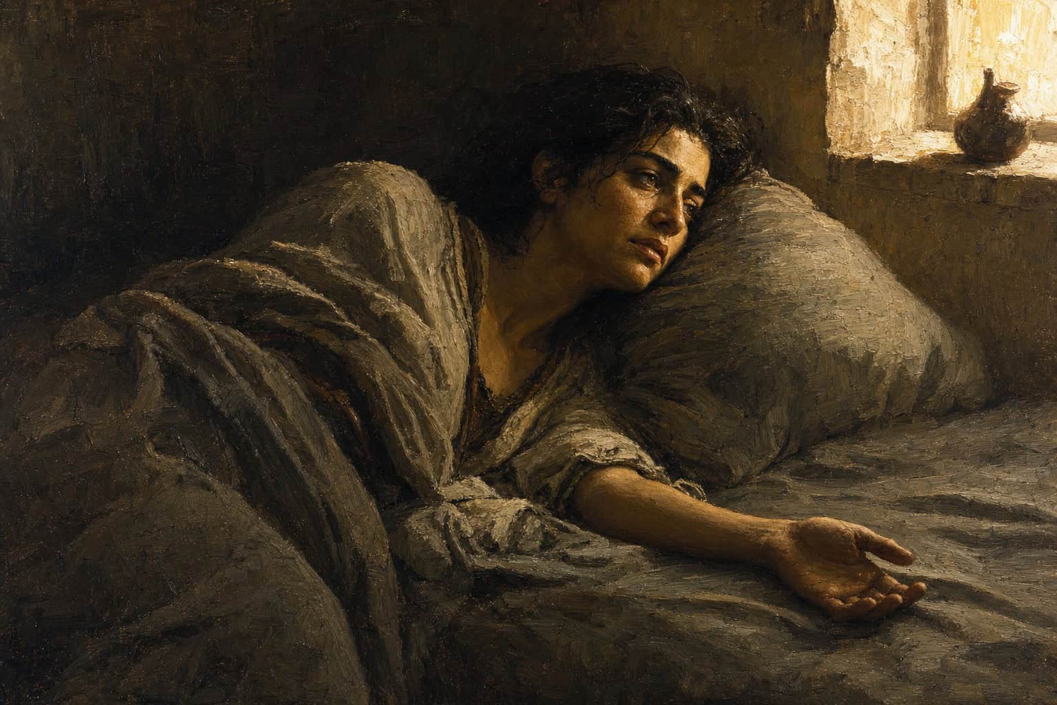 A woman lying awake at dawn in tangled grey sheets, one hand open on the dim empty half of the bed