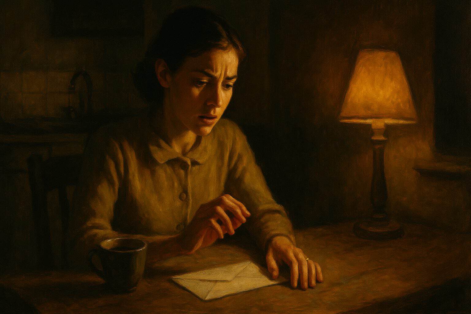Young woman hesitating over an unopened letter at a dim kitchen table, torn between hope and dread