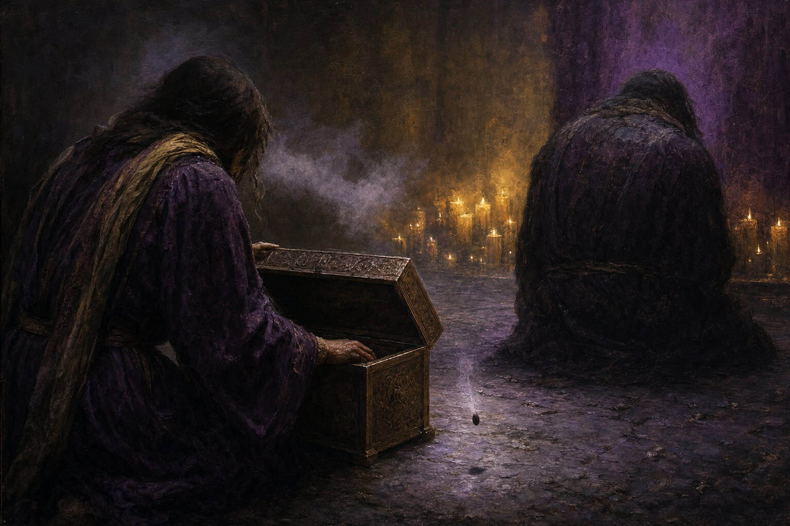 ancient breath misting in cold air between two chests, one open and one turned away, while a small seed falls — Fractions of the Soul by Anthony Adore