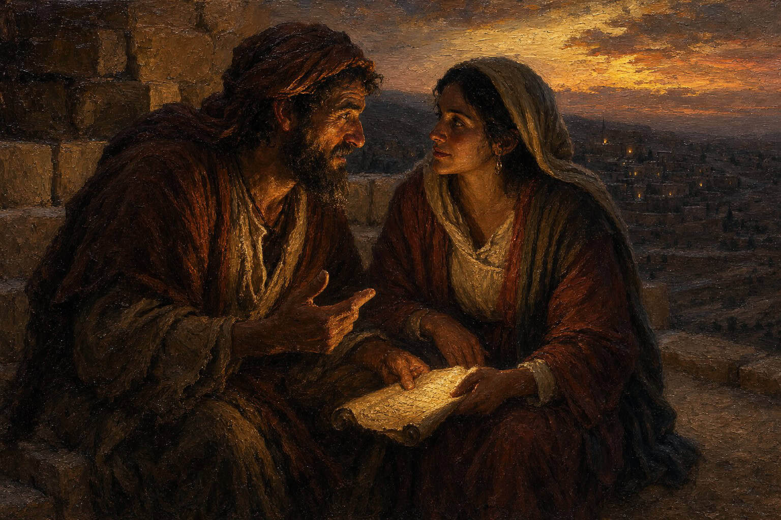 Two figures at dusk seated close on a crumbling sandstone wall, a scroll glowing faintly between them