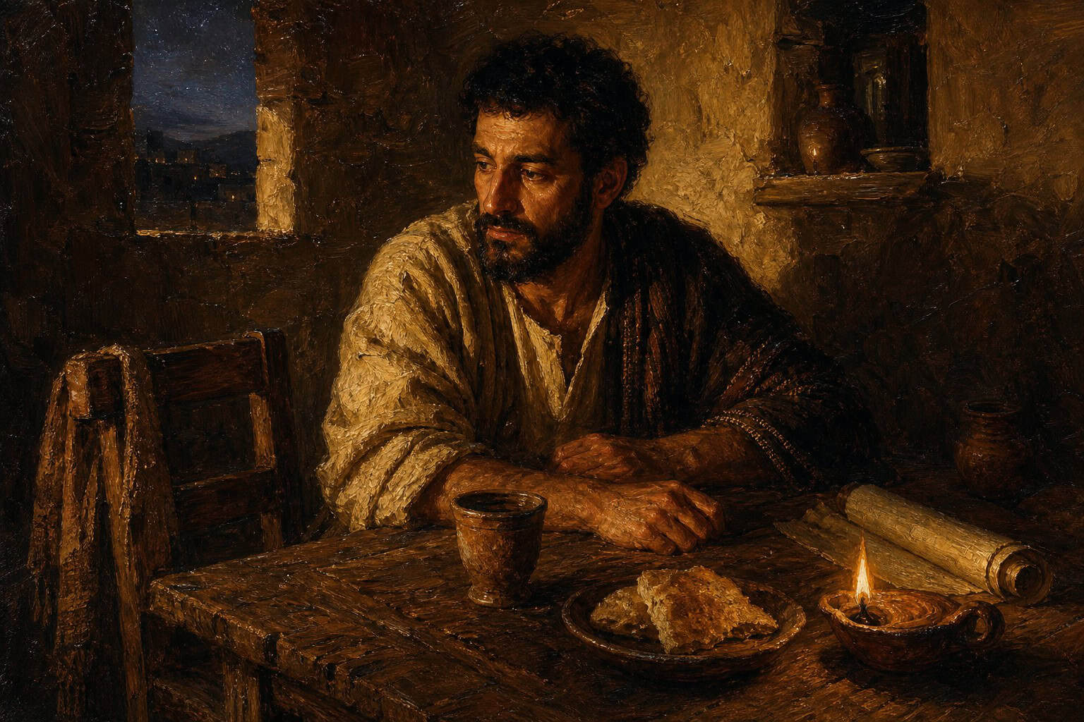 A man alone at a set table for two, one chair pulled back and vacant, dim evening light through a window