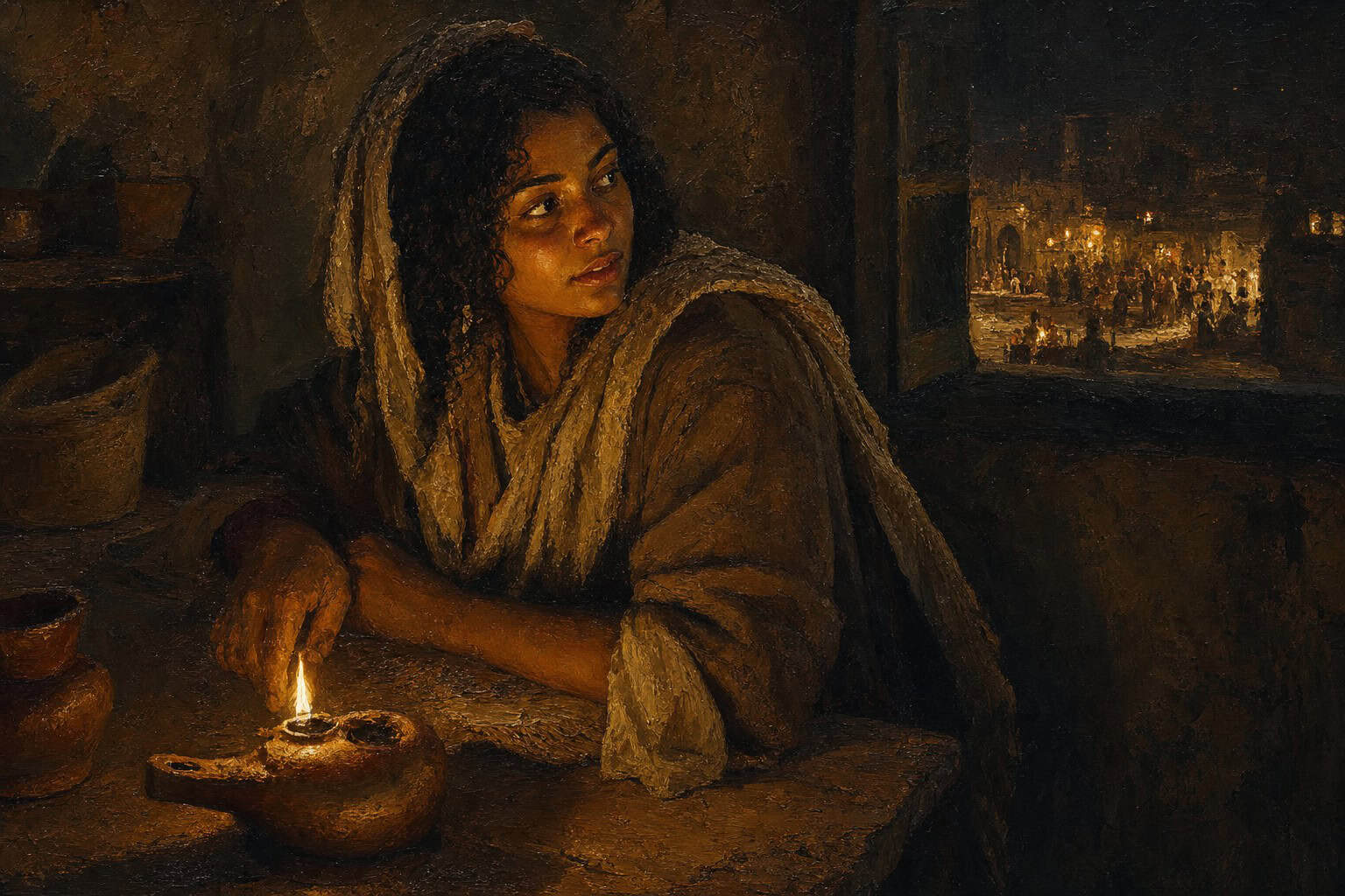 A solitary young figure lit blue by a clay oil lamp in a dark room, face half-turned from the glow