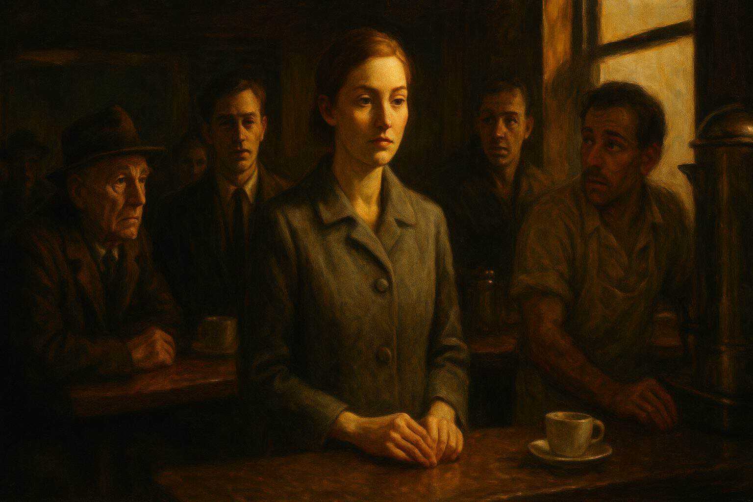 A luminous woman at a crowded 1960s coffee counter as strangers turn toward her in quiet awe and unease