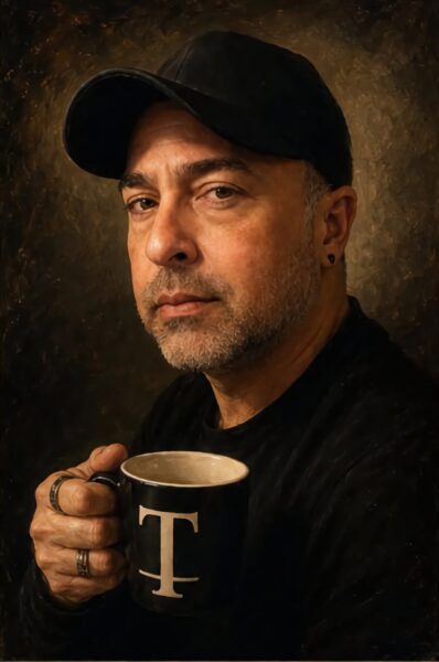 Anthony Adoré, author of the memoirs Confessions to the Empty Chair and Fractions of the Soul, in a warm candlelit portrait holding a dark mug.