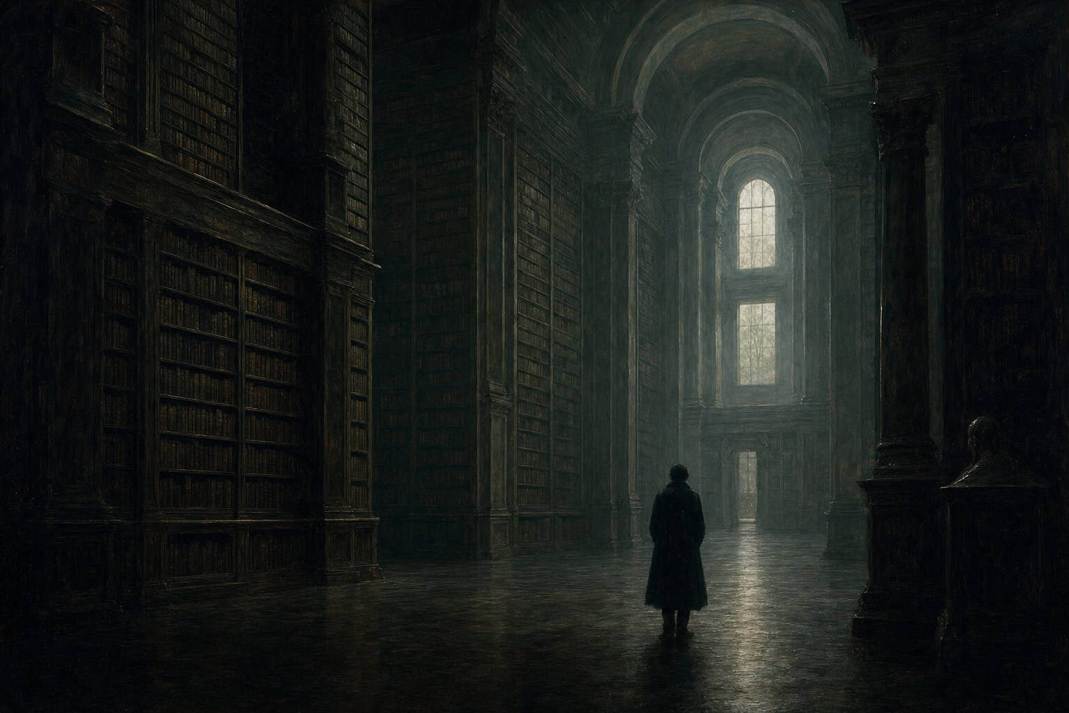 figure alone in vast library, dwarfed by towering shelves — Confessions to the Empty Chair by Anthony Adore