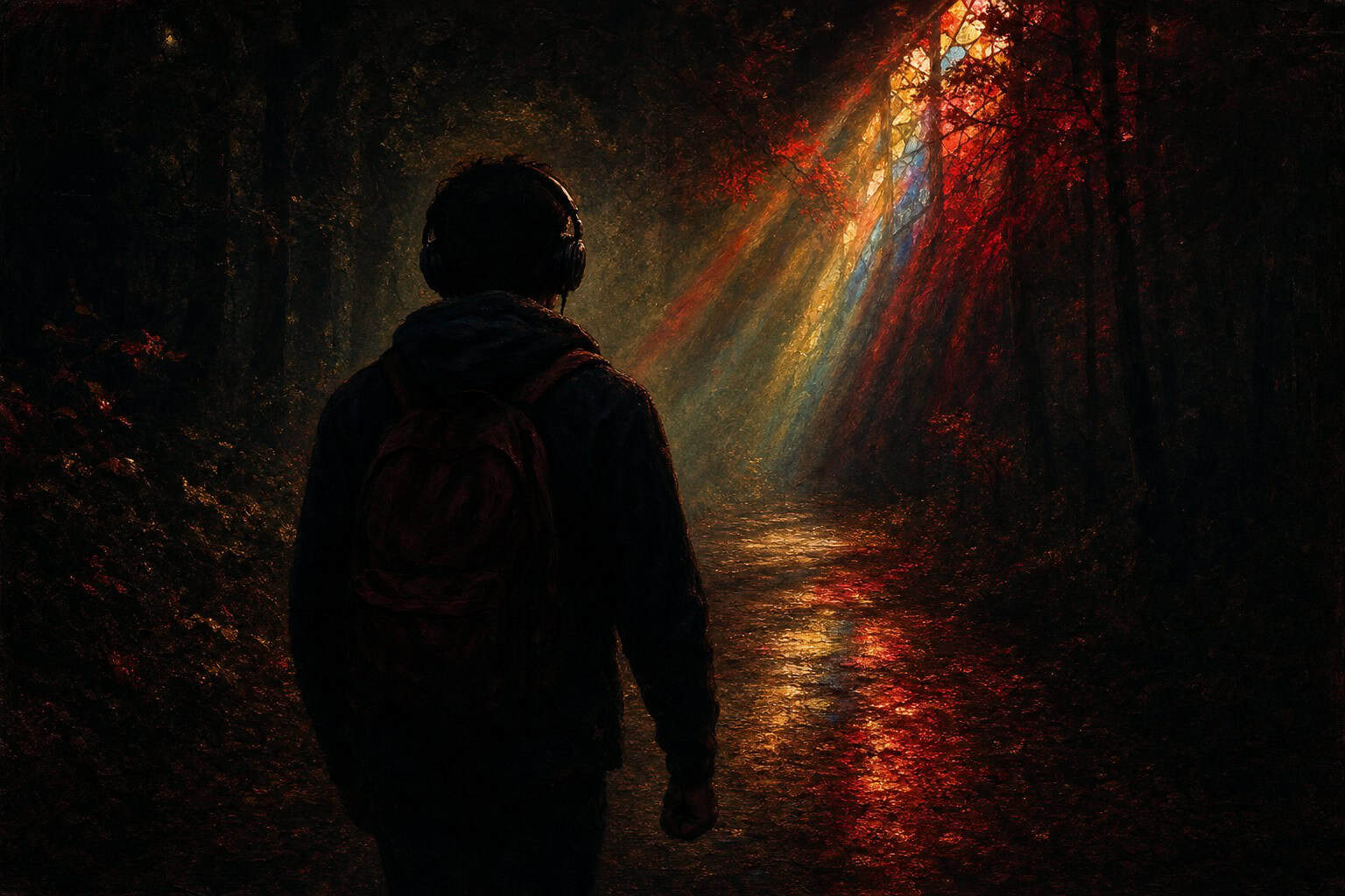 A young man in simple clothing stands on a forest path, looking thoughtfully into the distance, with soft light filtering thr