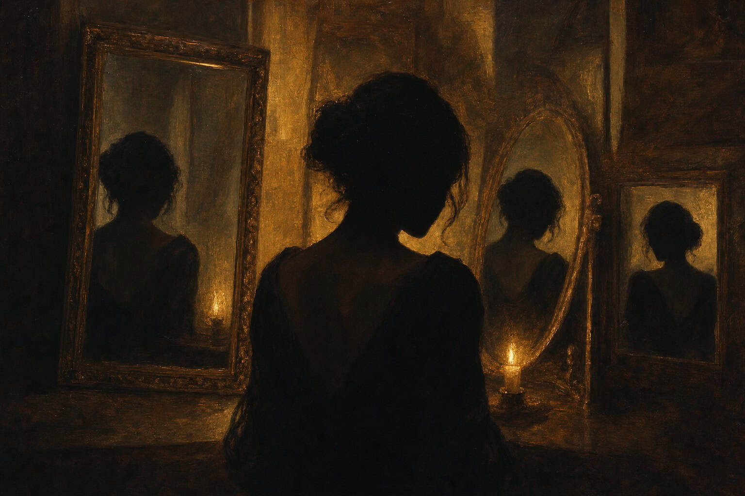 A woman in a white dress sits beside a lit oil lamp, gazing thoughtfully at her reflection in a mirror.