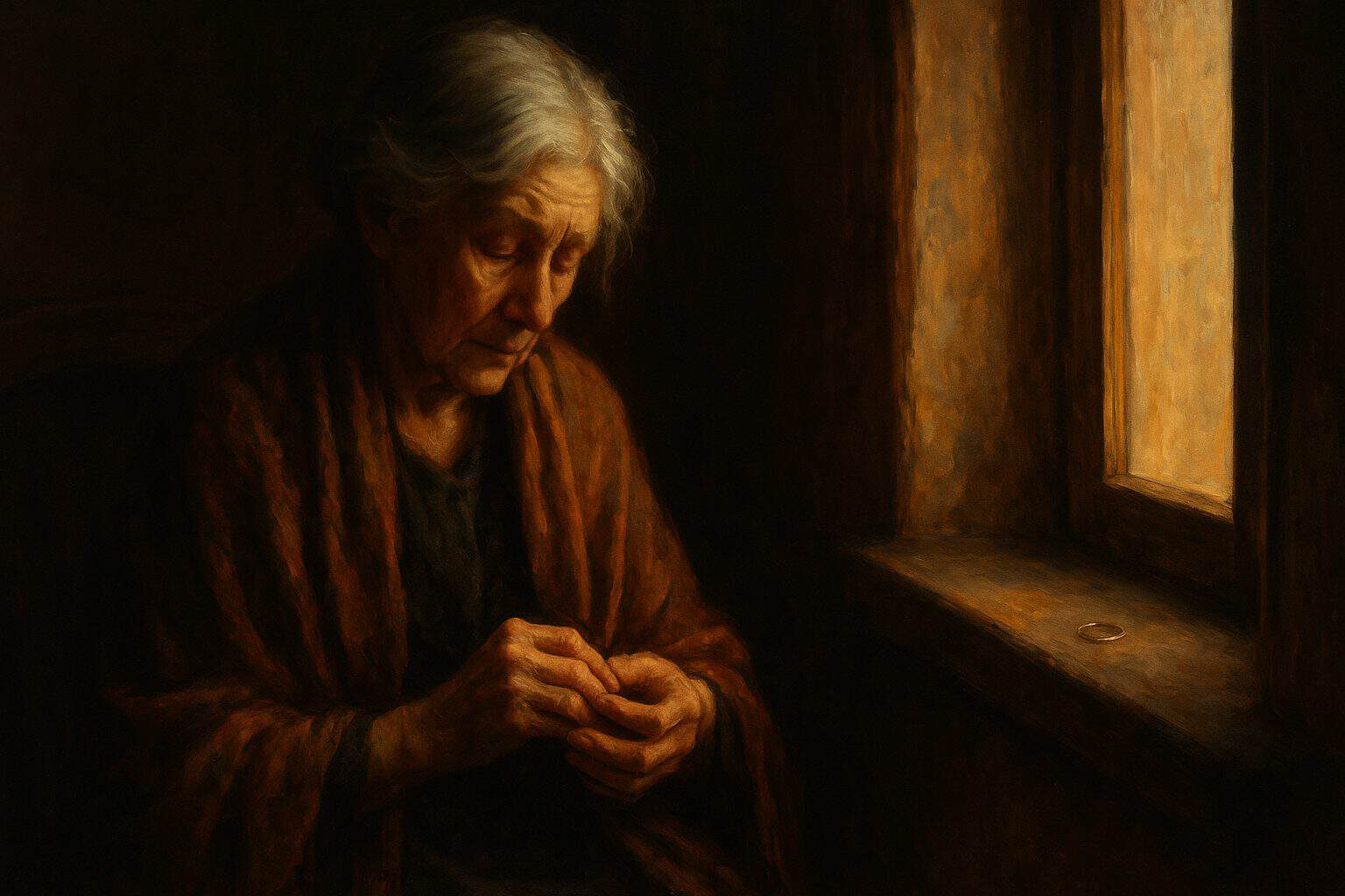 Elderly widow turning an absent ring on her bare finger, lit by warm window light, quiet grief