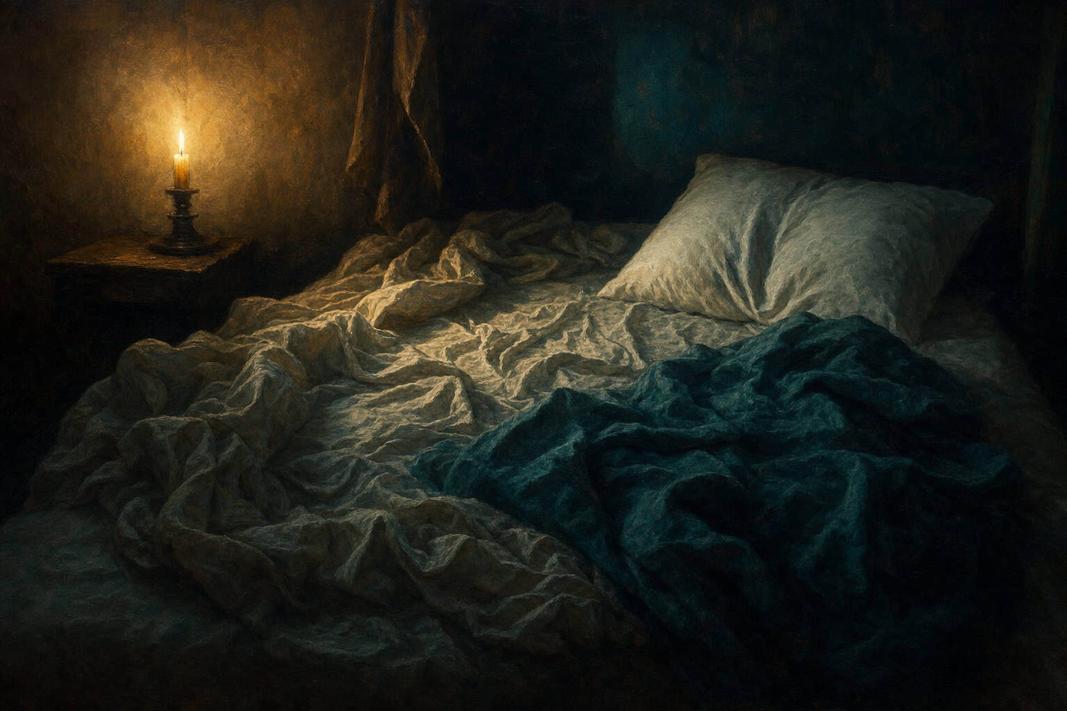 A dimly lit room features a unmade bed with a wrinkled blanket, a candle on a small table, and pottery on a shelf.