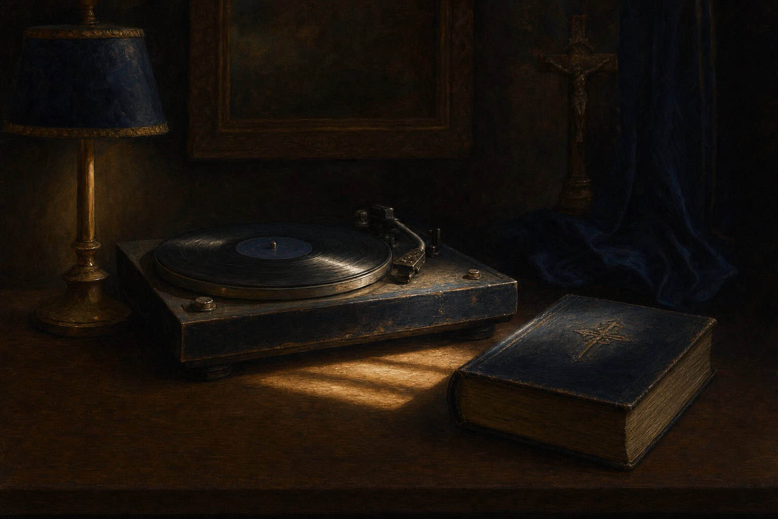 A worn turntable beside a closed missal, both lit by the same thin band of afternoon light across a wooden — Confessions to the Empty Chair by Anthony Adore