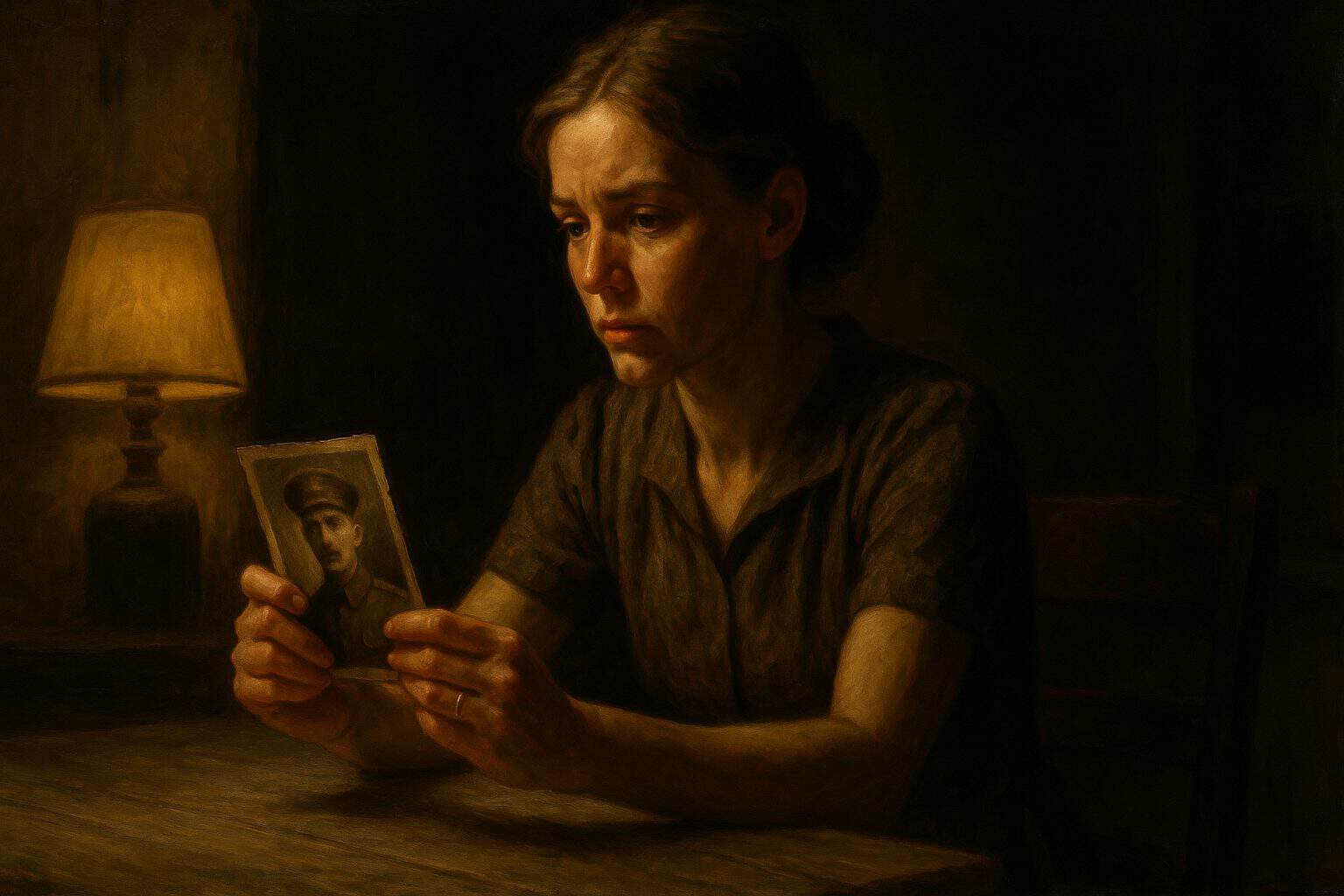 A tired young widow at a dusk table gripping her late father's photo, his resolve surfacing in her jaw