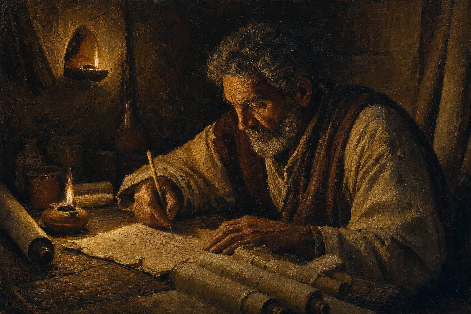 A young man alone at a wooden desk under low lamplight, dense open scroll stacked around him