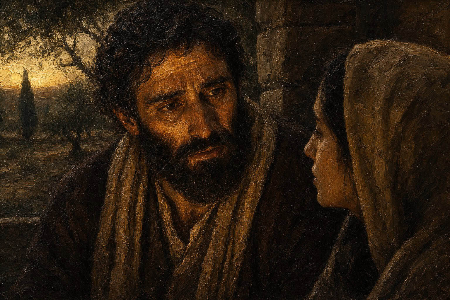 Two figures at dawn in a bare garden, one turned toward the other, one gazing inward