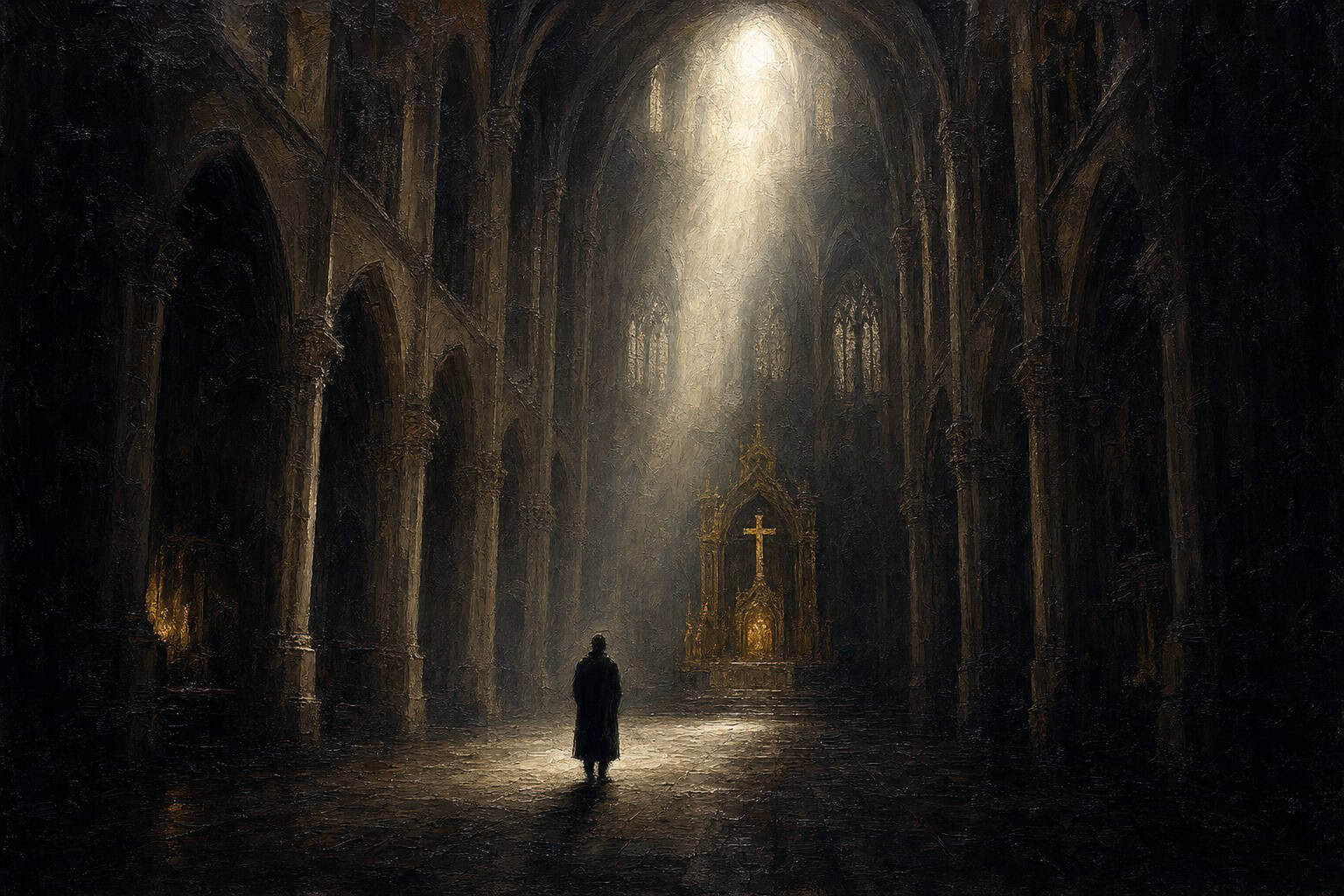 A man in a robe stands in a dimly lit, ancient room, gazing upward towards a beam of light, surrounded by scrolls and pottery
