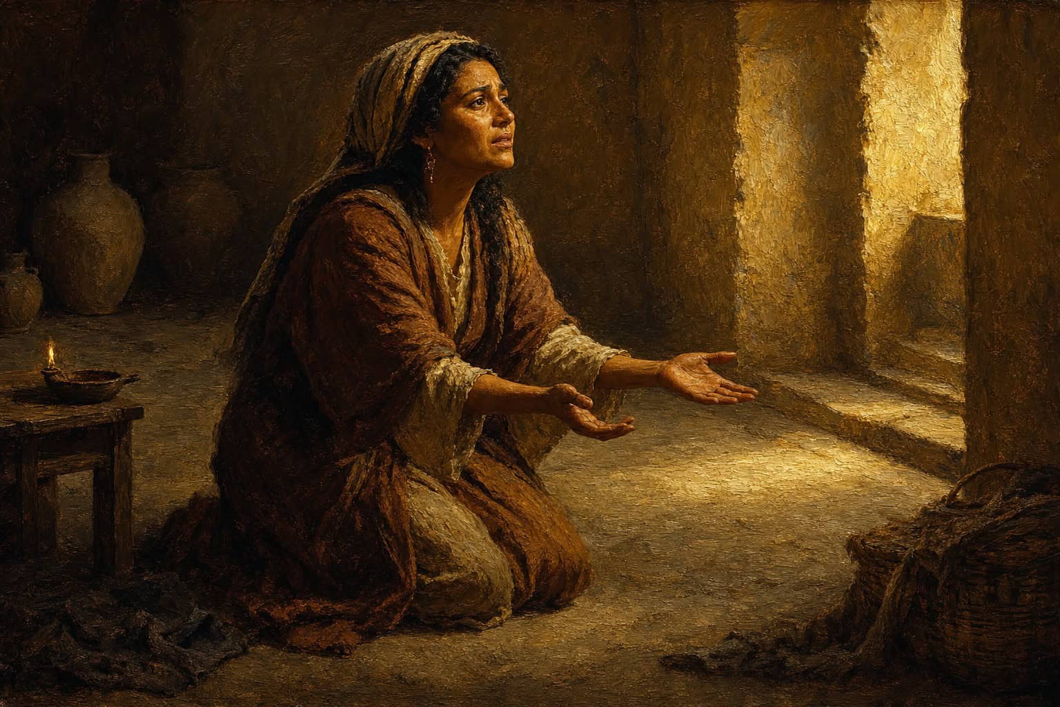 A man kneeling on bare concrete in an emptying room, dim light, his hands open and empty