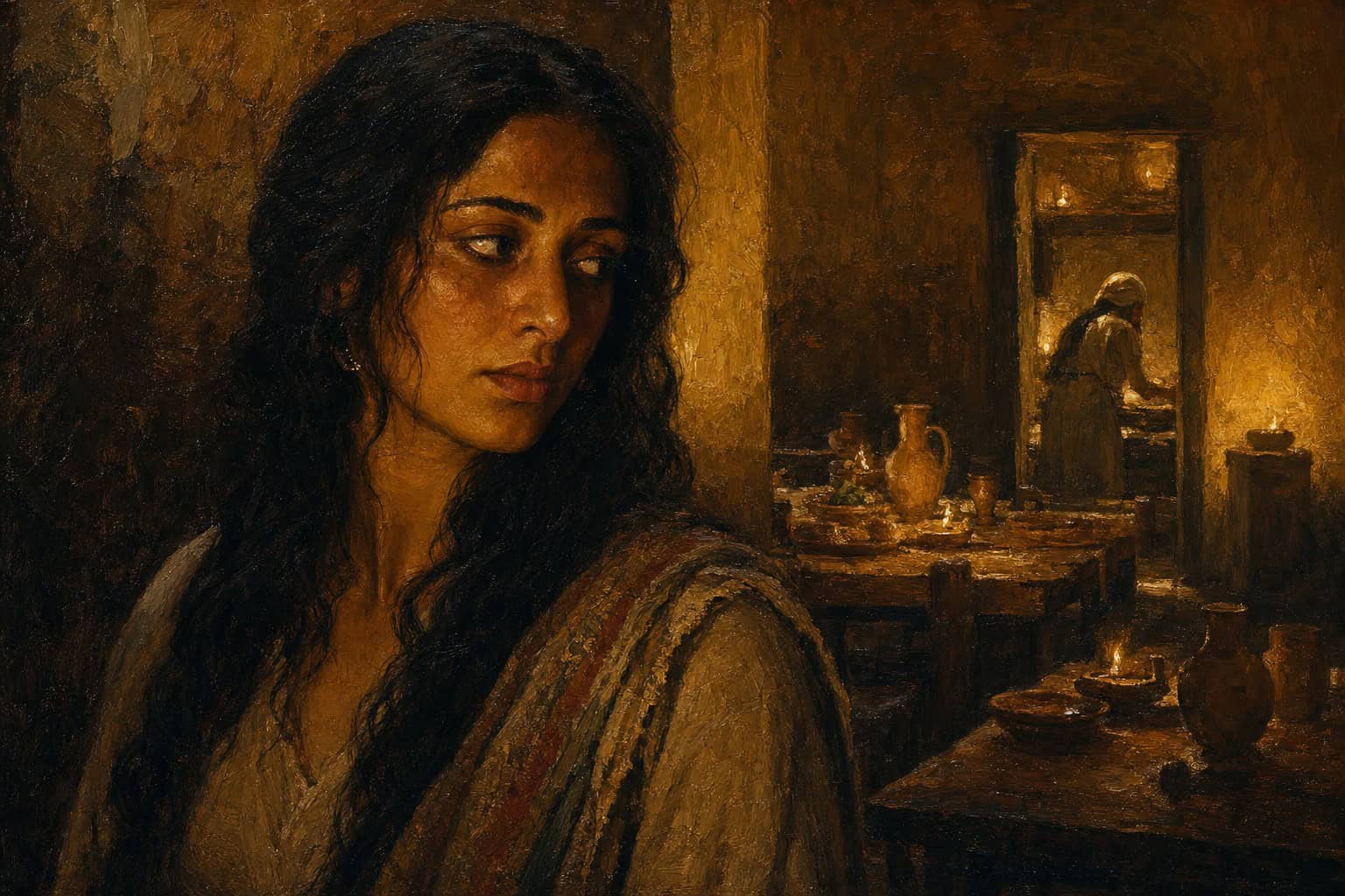 A figure standing at the lit entrance of a dining room, looking toward a dim doorway to a hidden kitchen beyond the arranged