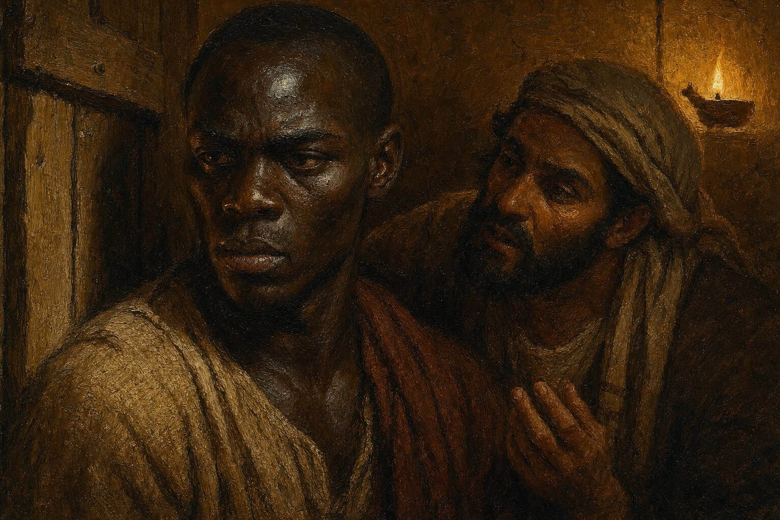 Two men sit close together in a dim room; one looks away while the other leans toward him.
