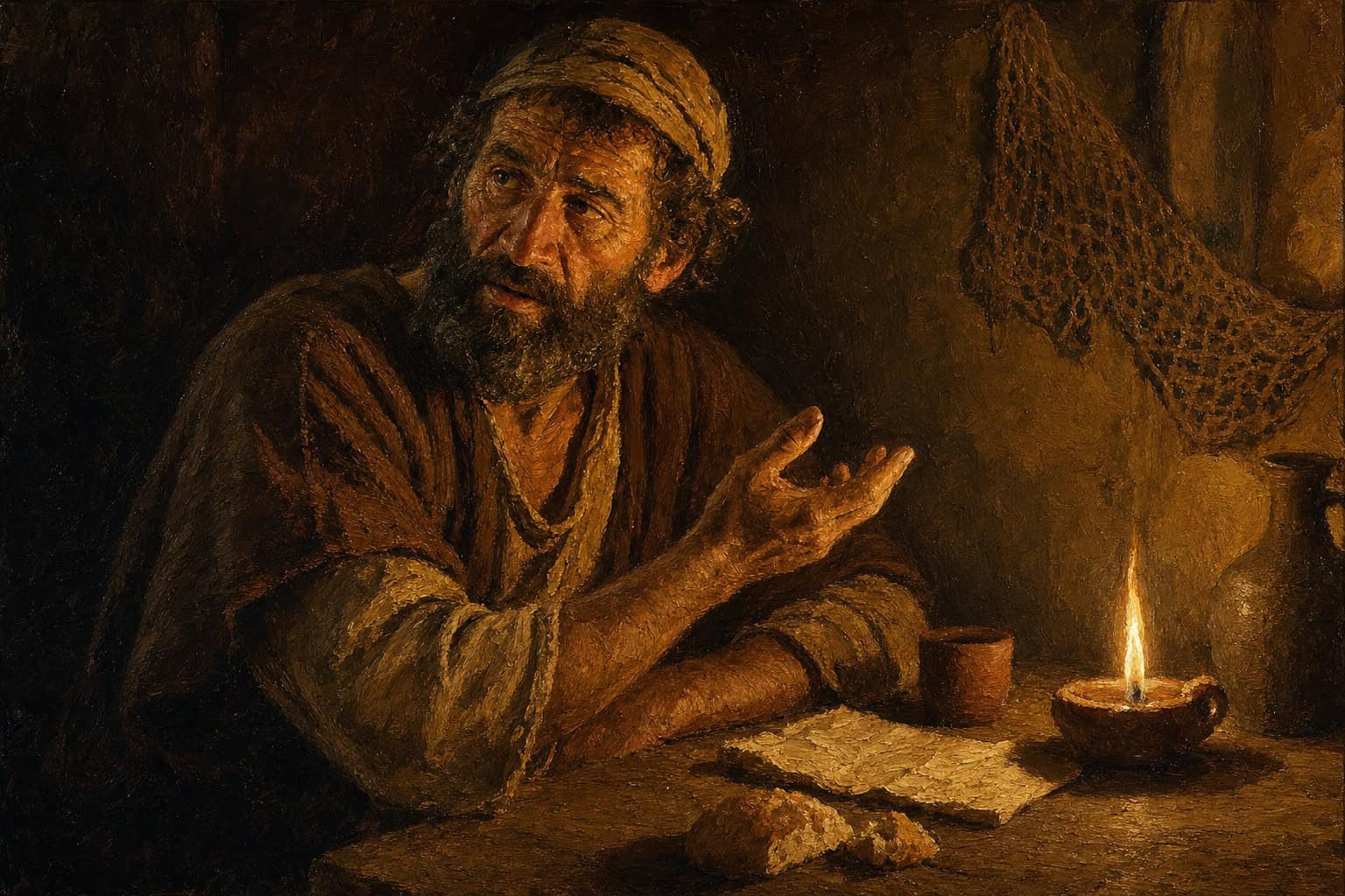 A single candle burning on a bare table against a vast dark room
