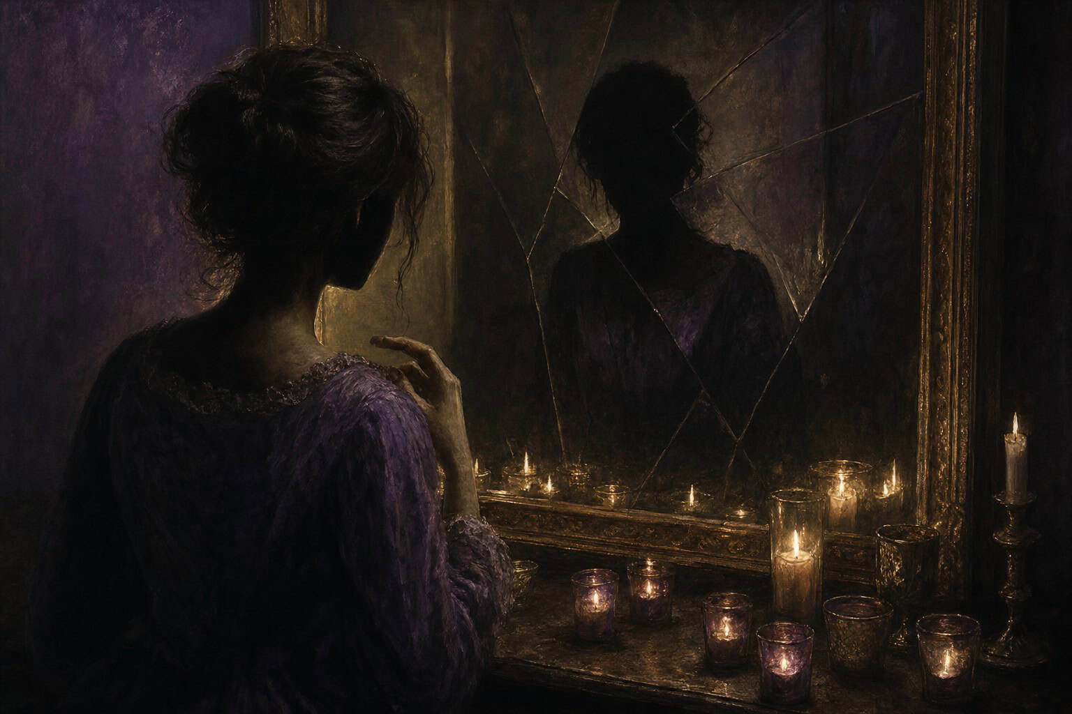 A woman gazes into a cracked mirror, her expression contemplative, with a soft light from a nearby oil lamp illuminating her