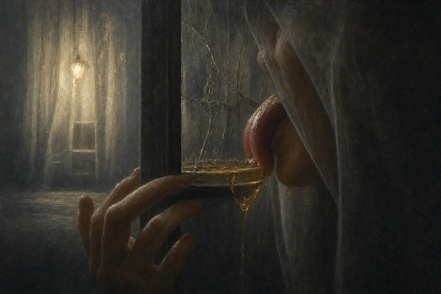 A man with a beard, draped in a hood, leans over a bowl of honey, licking it, with a candle illuminating the dark scene.