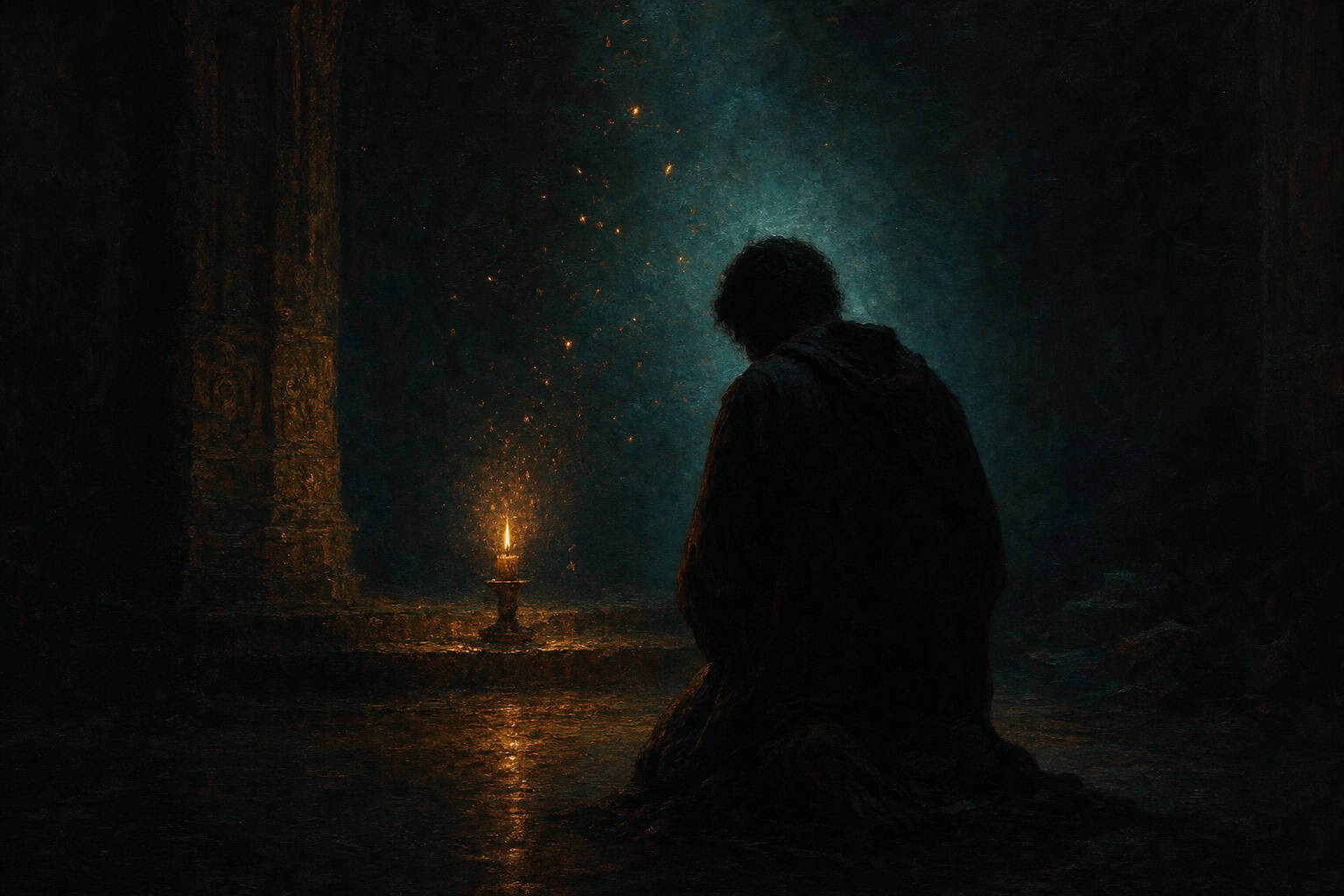 A solitary figure kneeling in darkness while embers float upward like prayers — Confessions to the Empty Chair by Anthony Adore