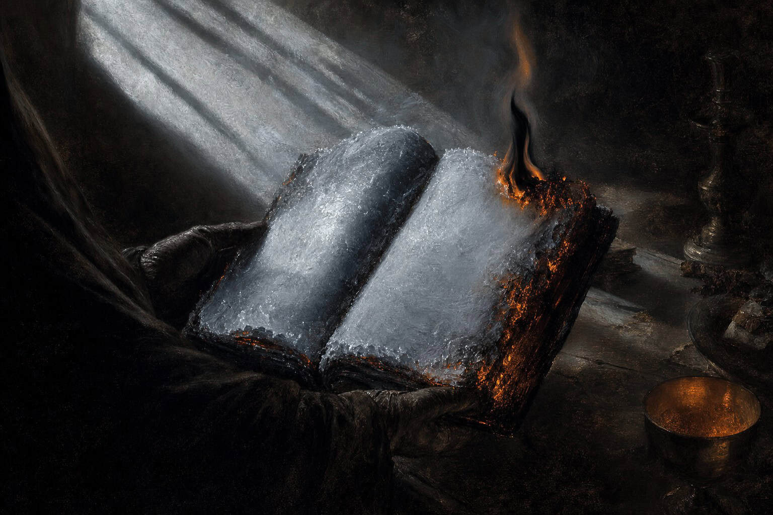 A figure in a robe holds a burning scroll, with two seated figures watching in a dimly lit, rustic setting.
