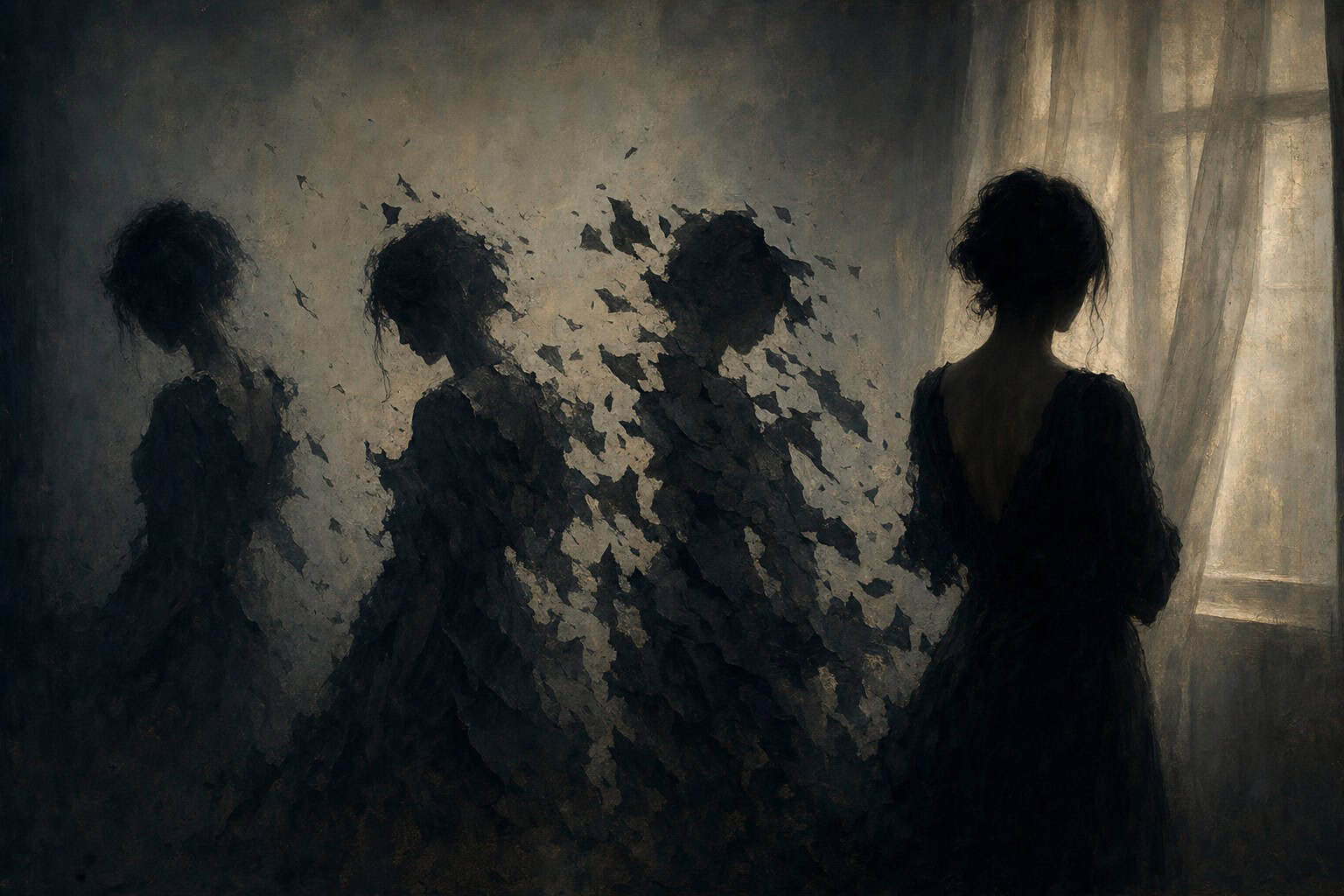 A woman in a flowing dress stands near a window, her figure partially dissolving into a textured background, with warm candle